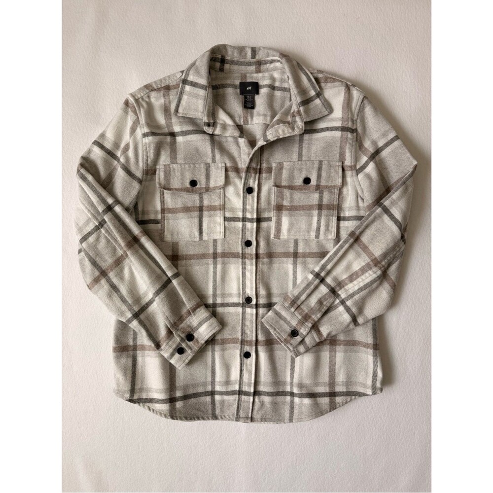 H&M Plaid Shacket Overshirt Cream Tan Checkered Button Front XL
